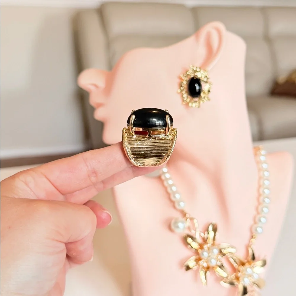 Gold-Tone Black Cabochon Statement Ring